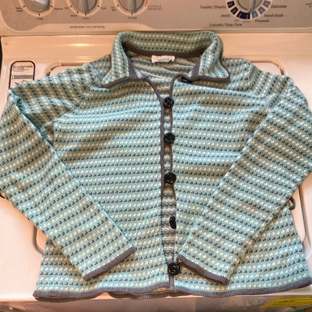 Ann Taylor loft medium Patterned Button-Up Cardigan teal and grey